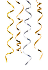 Collection of bright and festive serpentine curled ribbons isolated on transparent background. Set of golden and silver, serpentine streamers for New year holiday party design. Serpentine decoration.