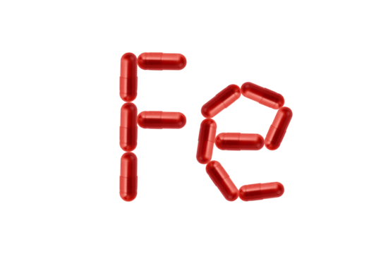 Creative idea for iron anemia concept. Supplement of ferritin in red capsule isolated on transparent background. Capsule representing iron supplementation for treating iron deficiency and anemia. - Powered by Adobe
