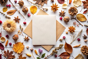 Autumn Background with Fallen Leaves, Dried Flowers, and Rustic Branches on White Surface Featuring Blank Stationery Template for Invitation Mockup in Top View Flat Lay Style