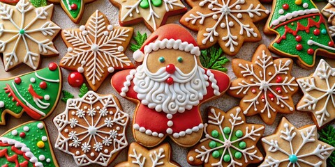 Assorted Gingerbread Cookies Featuring Christmas Themes: Snowflakes, Stars, Santa, and Christmas Trees for Festive Artwork Mockups and Holiday Designs