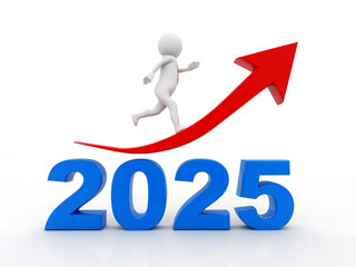 Business Man running over 2025, represents growth in the Year 2025, Business success, Target, achievement. Economic and financial growth in 2025. 3D render
