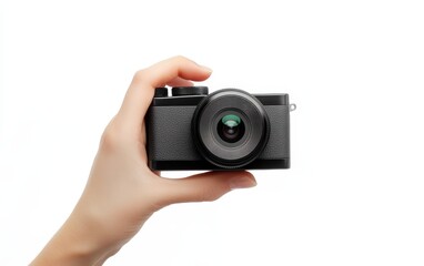 Fototapeta premium Hand Holding a Camera Hand holding a sleek, compact digital camera with a modern lens, on a white background.