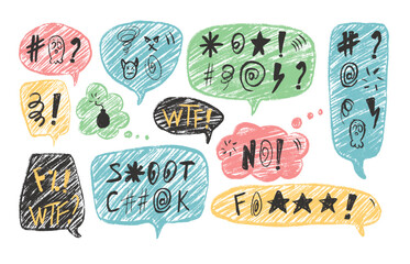 Speech bubbles with swear symbols words. Curse crayon doodle text. Bad bulling expression on chat dialog boxes. Aggressive swearwords isolated on white background. Haters signs. Vector illustration