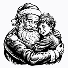 santa clause embracing a joyful child boy, showcasing festive, classic linework holiday warmth sketch engraving generative ai raster illustration. Scratch board imitation. Black and white on white bac