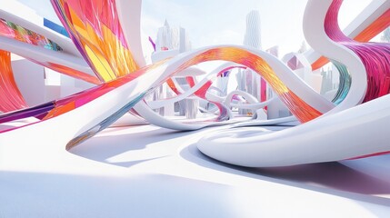 theme park featuring rides that disappear and reappear, connected by floating walkways