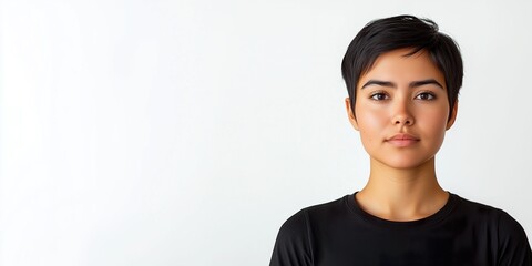 Close-up portrait of a young woman with short black hair wearing a black shirt, looking directly at the camera against a clean white background with a minimalist aesthetic.