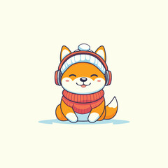 Naklejka premium Cute Shiba Inu Puppy with Headphones and Winter Attire Illustration