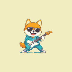 Cheerful Shiba Inu Rocking Electric Guitar with Cool Style and Sunglasses