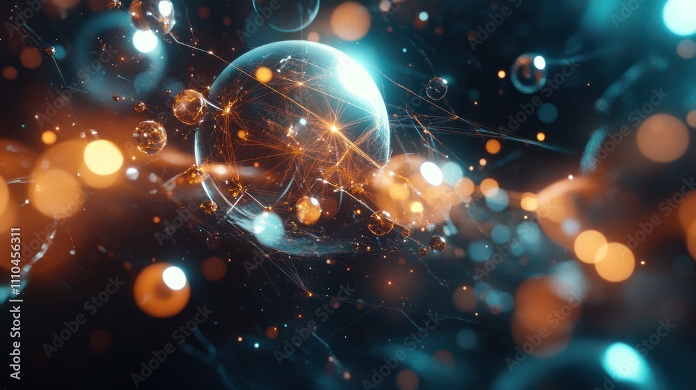 Poster theory, featuring a series of interconnected shapes and luminous orbs that represent particles in mo