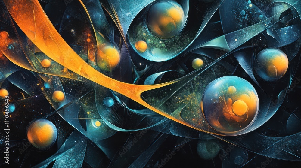 Poster theory, featuring a series of interconnected shapes and luminous orbs that represent particles in mo