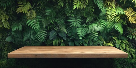 Wooden Shelf Display Against Lush Tropical Foliage Background: Perfect for Product Showcase or Mockup