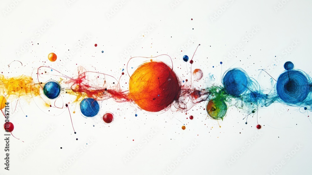 Poster mechanics, showcasing a series of interconnected spheres and lines that symbolize particles and wave