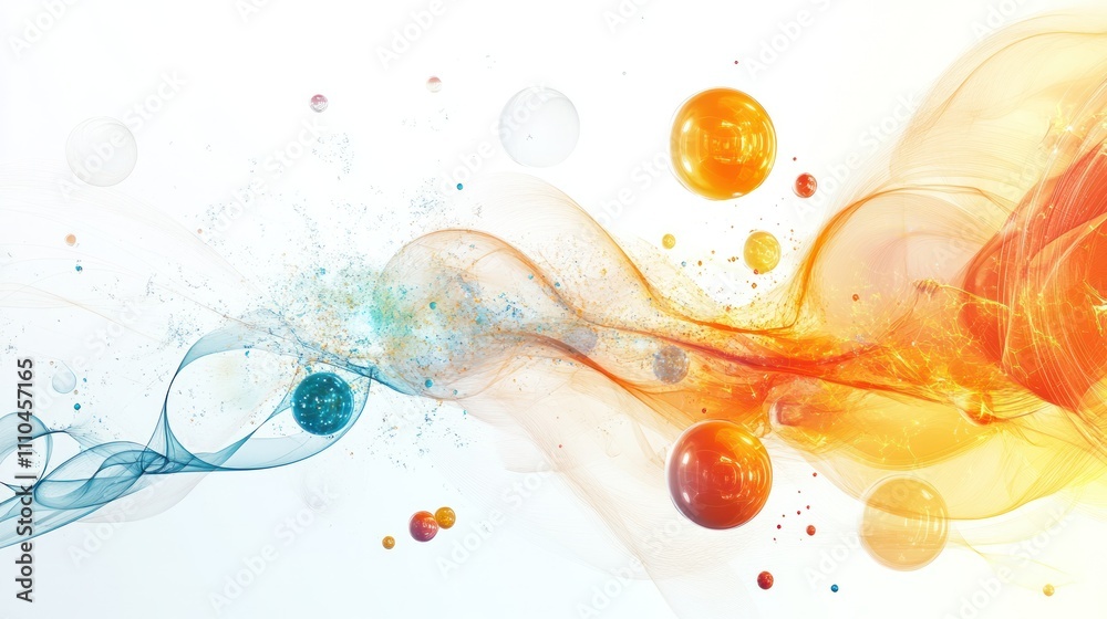 Poster mechanics, showcasing a series of interconnected spheres and lines that symbolize particles and wave