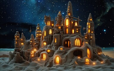 Naklejka premium Sandcastle City A detailed sandcastle sculpted to look like a futuristic city, with tiny glowing windows and miniature inhabitants, set on a beach under a starry sky.