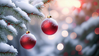 Obraz premium Święta, czerwone bombki na choince, kartka świąteczna z miejscem na tekst, życzenia, Merry Christmas, Boże Narodzenie, gwiazdka, efekt bokeh