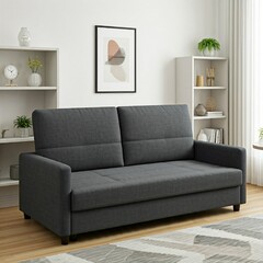 Fototapeta premium A minimalist living room with a gray sofa bed, wooden legs, and a neutral color palette.