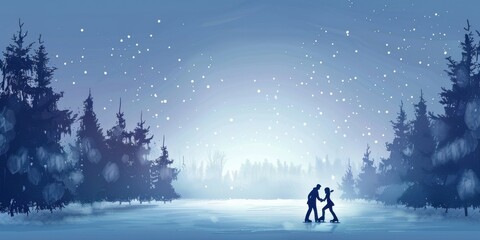 Fototapeta premium Winter Wonderland - A Couple's Romantic Ice Skating Adventure Amidst Snowy Pines