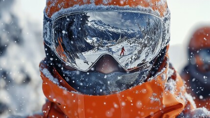 A detailed close up image of an individual wearing goggles in the snow