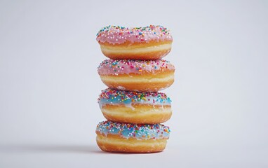 Stack of Doughnuts A small stack of colorful frosted doughnuts with sprinkles, placed neatly on a white background.