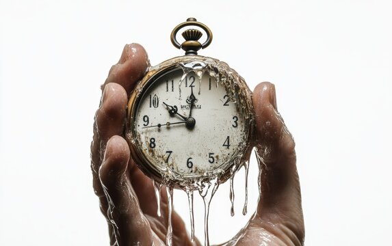 The Weight of Time Hand holding a pocket watch, but the watch is melting and dripping through the fingers, symbolizing the fleeting nature of time. White background.