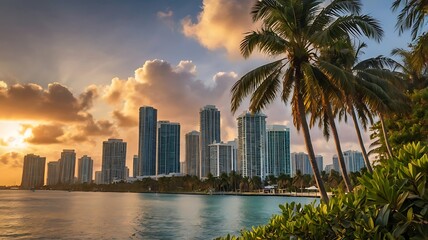 Naklejka premium city skyline at sunset