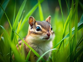 Captivating Chipmunk in Tall Grass: Wildlife Photography with Double Exposure Effects and Ample Copy Space for Nature Lovers and Wildlife Enthusiasts