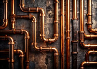 Fototapeta premium Captivating Candid Photography of Intricate Copper Pipe Patterns on a Dark Textured Wall, Showcasing the Unique Blend of Industrial Elegance and Artistic Design Elements