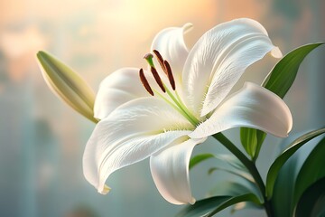 A stunning white lily in soft focus, showcasing delicate petals and vibrant green leaves, evoking tranquility.