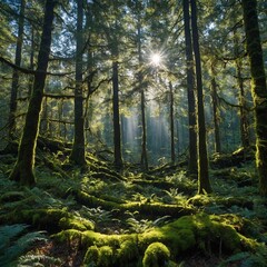 Obraz premium A bright, early morning forest with dew-covered leaves and the sun rising from behind the trees, with a clear sky.
