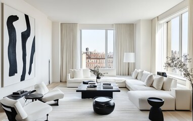A bright and elegant living area with a clean white sofa, black-and-white abstract art on the walls, and minimalist decor