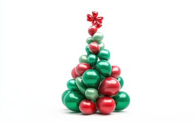 Fototapeta premium A Christmas tree composed of green and red balloons twisted into a festive design, set on a bright white background
