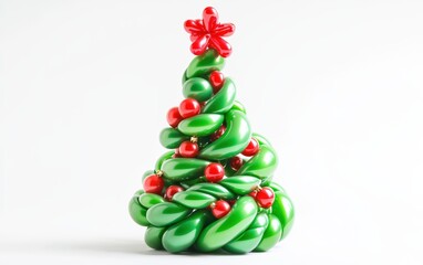 A Christmas tree composed of green and red balloons twisted into a festive design, set on a bright white background