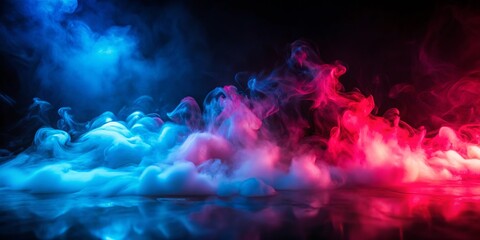 Fototapeta premium Captivating Fog in Red and Blue Neon Light Against a Black Background, Perfect for Low Light Photography Enthusiasts and Atmospheric Visuals