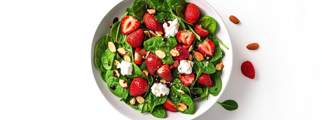 A refreshing strawberry and spinach salad with goat cheese, almonds, and a balsamic vinaigrette