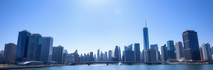 Fototapeta premium A scenic view of a modern urban landscape with skyscrapers and a river flowing through, under a clear blue sky, skyscrapers, background, downtown