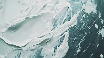 Abstract paint strokes of white and gray on dark surface.