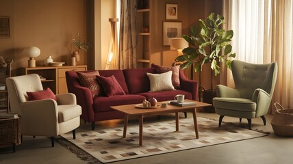 Living room with maroon sofa, cream armchair, and warm lighting