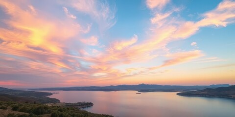 Obraz premium Soft pastel sunset over a tranquil countryside landscape with rolling hills and a calm lake reflecting the colorful sky, sky, nature, tranquil