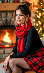 Curvy woman sits comfortably on warm living room, adorned in stylish skirt and black stockings. Her red scarf contrasts beautifully with the cozy ambiance created by the fireplace and twinkling lights