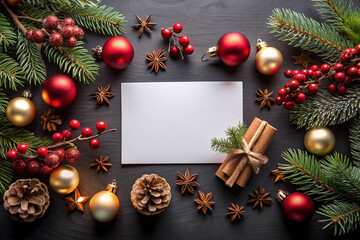 Obraz premium Here's a description and keywords for your stock photo.. Blank card surrounded by festive Christmas ornaments, pine branches, berries, and spices on dark background.