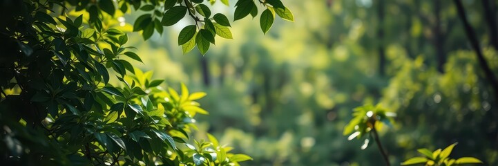 Obraz premium A serene landscape of a lush green forest with gentle sunlight filtering through the leaves, creating a tranquil and peaceful atmosphere, landscape, background, leaves