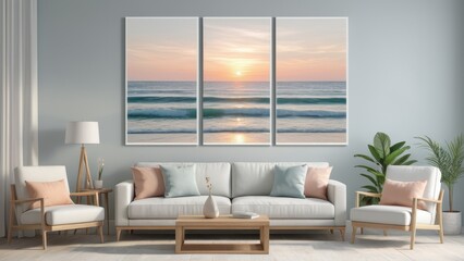 Multi-panel modular wall art featuring a stunning ocean sunset, ideal for interior mockup projects.