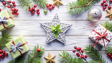 Festive Christmas Flatlay Gifts, Star, Berries, and Greenery on White Wood.