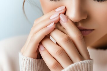 Close-up of a serene person with soft hands, expressing calmness and introspection in cozy clothing against a gentle backdrop.