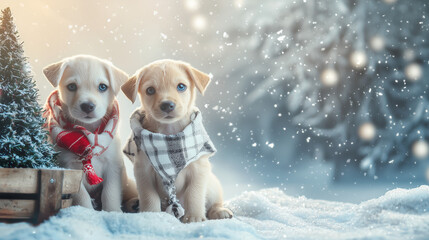 Two adorable golden retriever puppies in cozy scarves sitting in snow with a festive Christmas tree, snowflakes falling
