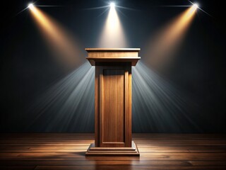Classic 3D Wooden Podium with Polished Surface Under Spotlights in Silhouette Photography for Professional Events and Presentations