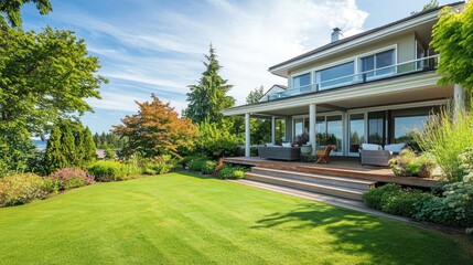 Fototapeta premium Luxury home with expansive lawn, deck, and landscaped garden.
