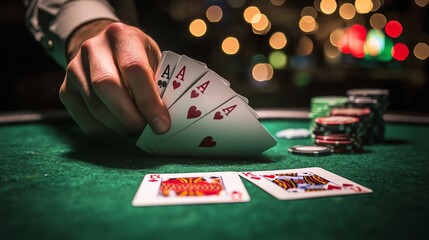 A poker player reveals four aces on a green felt table.