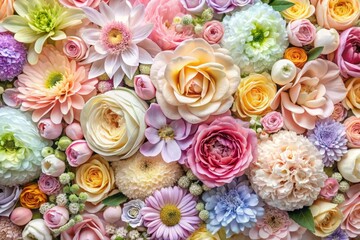 Close-Up Floral Background with Pastel Flowers - A Beautiful Pattern of Mixed Blooms in Soft Tones for Elegant Designs and Backgrounds