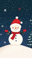 Fototapeta premium Snowman. with snowflake patterns in a snowy outdoor setting, featuring evergreen trees and a serene winter night.